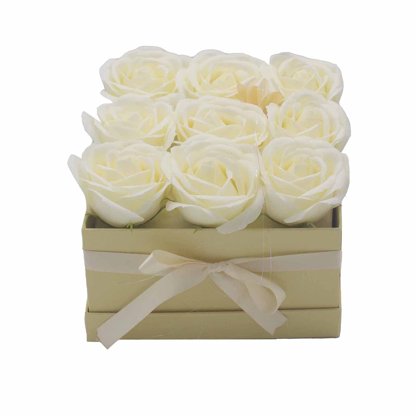 Caja de Regalo - Flor de Jabón 9 Rosas Crema - Cuadrado