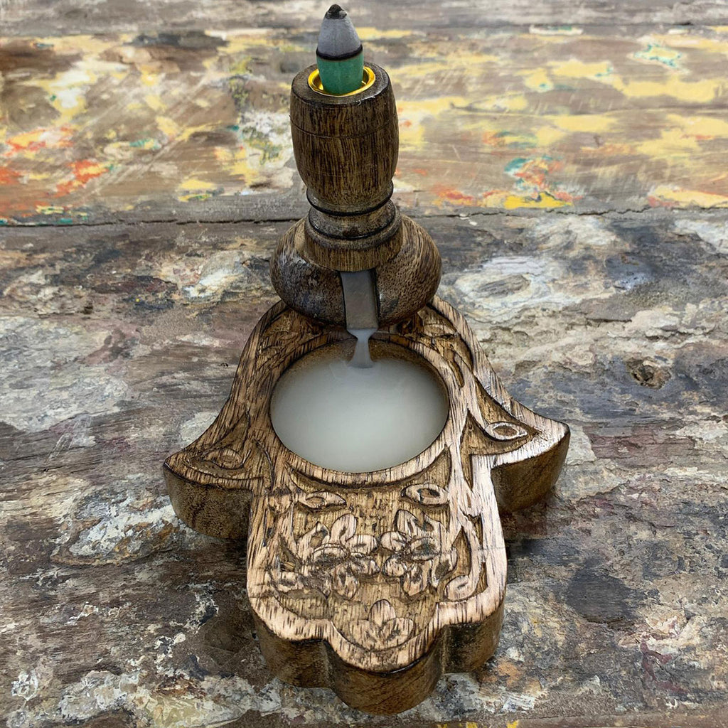 Quemador de Incienso Inverso en Madera de Mango - Hamsa
