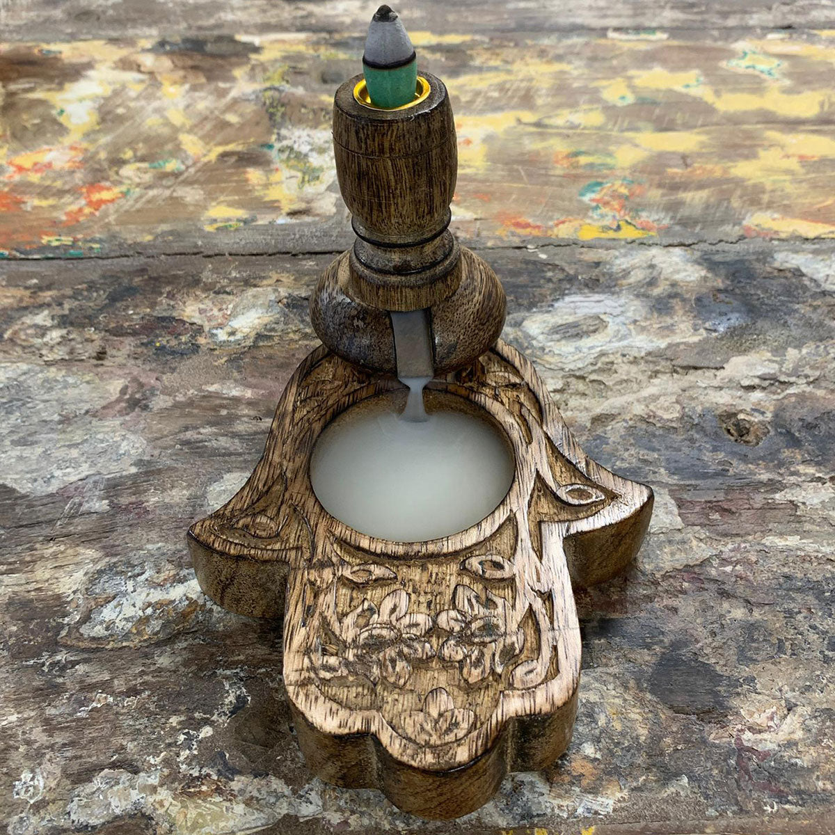 Quemador de Incienso Inverso en Madera de Mango - Hamsa