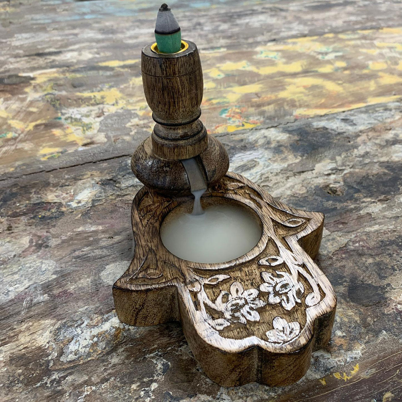 Quemador de Incienso Inverso en Madera de Mango - Hamsa