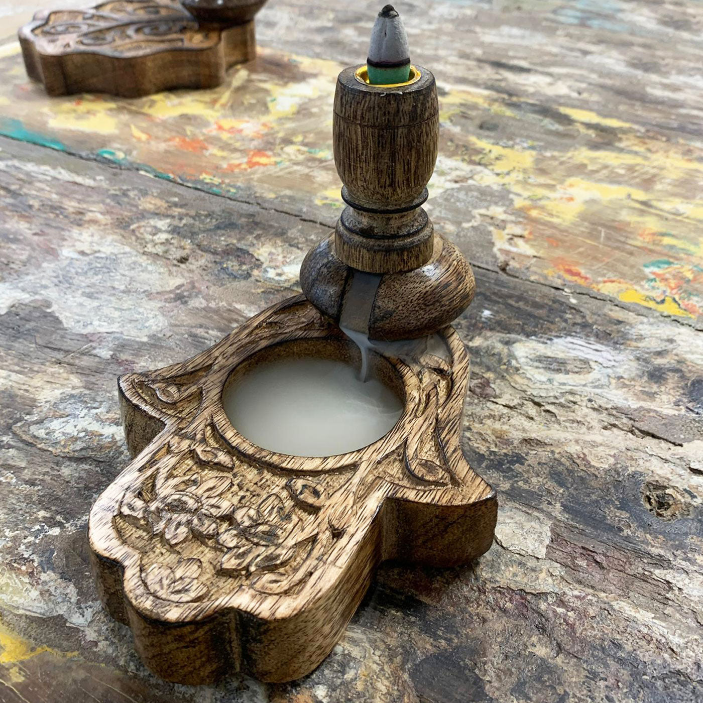 Quemador de Incienso Inverso en Madera de Mango - Hamsa